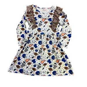 Pete + Lucy Girls Football Print Long Sleeve Ruffle Dress White Blue Size 6/6X